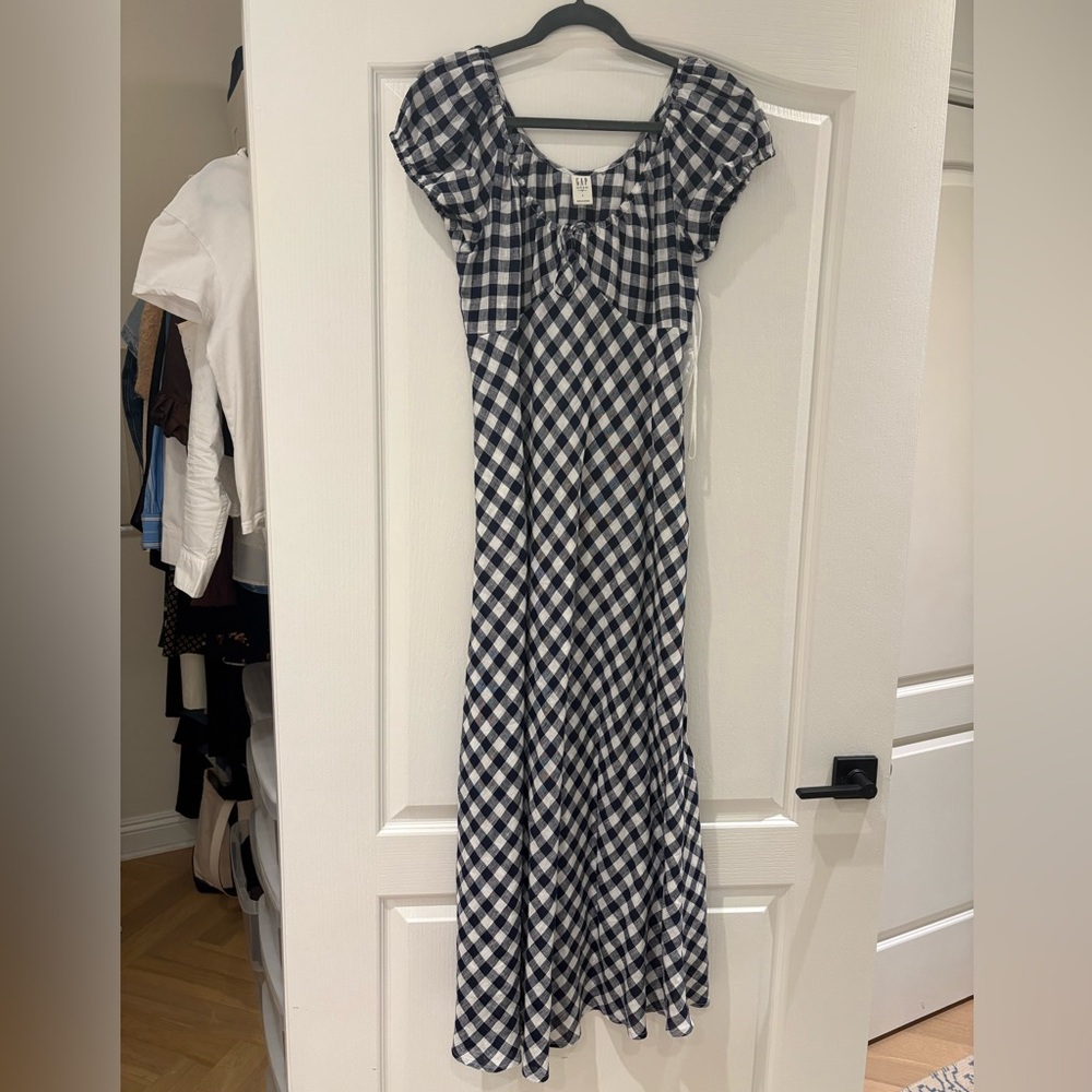 GAP x Doen Navy and White Gingham Maxi Dress with Puff Sleeves